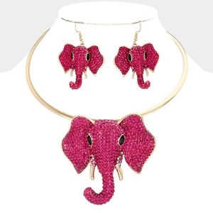 Pink Fuchsia Elephant Pendant Choker Necklace Statement Crystal Rhinestone Chain